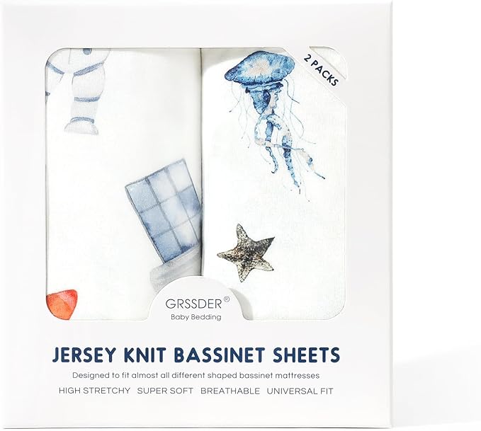 GRSSDER Stretchy Ultra Soft Fitted Bassinet Sheet Set 2 Pack, Universal Fit for Bassinets Baby Cradle Moses Basket Oval Rectangle Mattress Safe and Snug, Sea Fish & Space Stylish Print