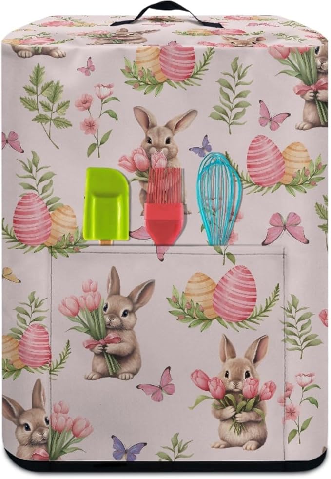 Tulip Floral Bunny Print Air Fryer Cover with Pocket and Top Handle, Happy Easter Decor Kitchen Appliance Protective Cover Electric Appliance Cover for Air Fryer
