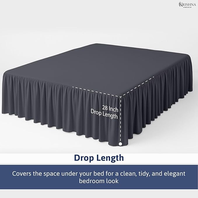 KRISHNA Ruffled Bed Skirt with Split Corners King, 100% Microfiber Hotel Quality, 28 Inch Drop Dust Ruffle Gathered Bedskirt with Platform, 78" x 80", Dark Grey