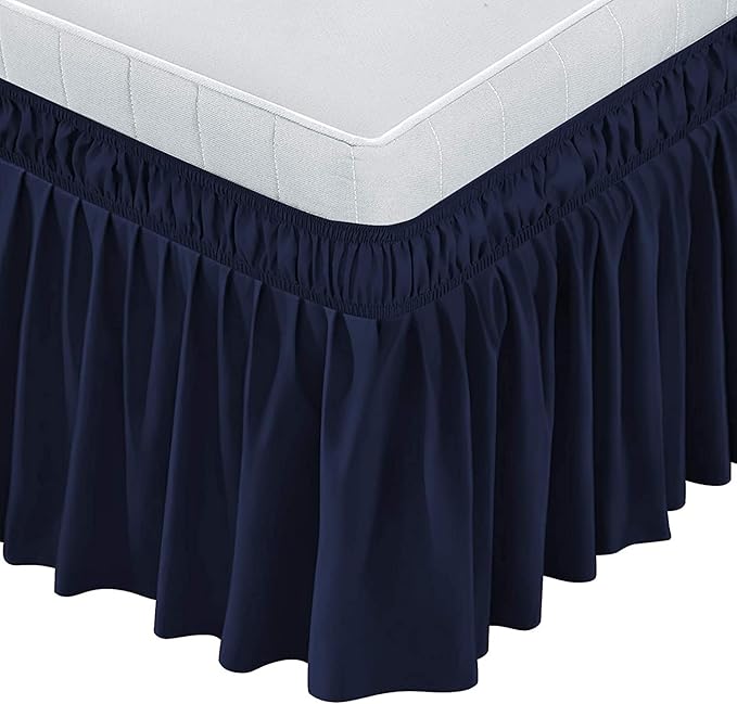 Navy Blue Wrap Around Bed Skirts with 16" Drop - Three Sides Fabric Adjustable Elastic Dust Ruffle Silky Soft -600 TC Stretchy Bed Skirt-Queen(60"X 80") Navy Blue