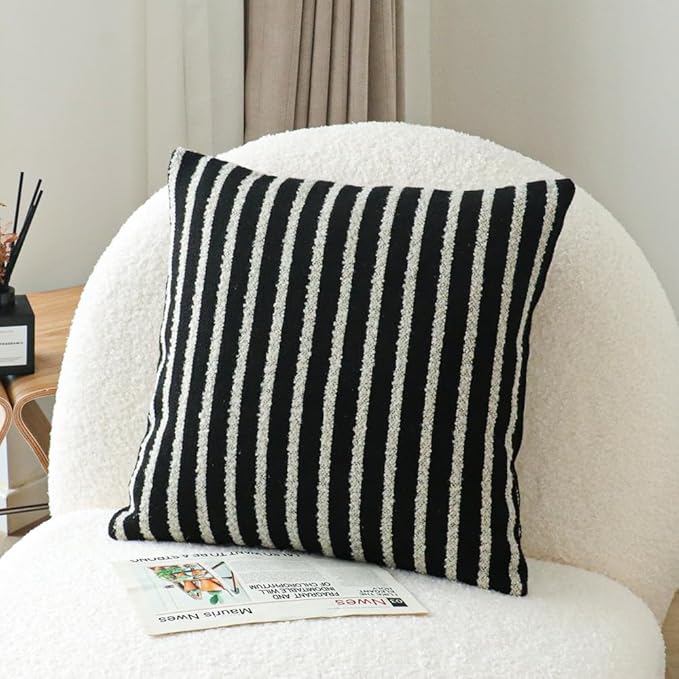 Jonhier Black Striped Boho Throw Pillow Cover, Modern Boucle Textured Square Pillowcase for Sofa Couch Bed, Neutral Farmhouse Accent Decorative Cushion Cover for Living Room Bedroom, 20 x 20 inch