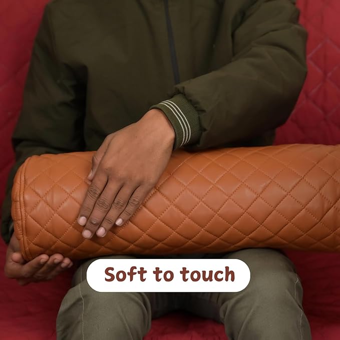 Neck Roll Pillow Cushion Cover, 18x7 Inch Full Moon Round Bolster Pillow Case, Cylinder Soft Lambskin Leather Pillowcase for Head, Spine & Neck Support During Sleep - Quilted Tan Pack of 1