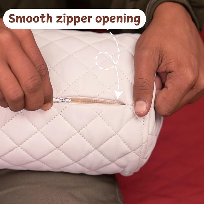 Neck Roll Pillow Cushion Cover, 16x5 Inch Full Moon Round Bolster Pillow Case, Cylinder Soft Lambskin Leather Pillowcase for Head, Spine & Neck Support During Sleep - Quilted White Pack of 2