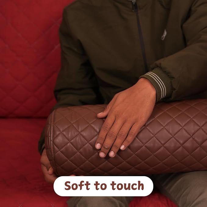 Neck Roll Pillow Cushion Cover, 24x5 Inch Full Moon Round Bolster Pillow Case, Cylinder Soft Lambskin Leather Pillowcase for Head, Spine & Neck Support During Sleep - Quilted Chocolate Brown Pack of 1