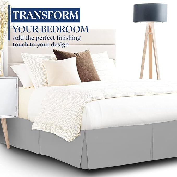 SKY BEDDINGS Luxury Pleated Queen Bed Skirt with Split Corners - 14 Inch Tailored Drop - Pleated Dust Ruffle - Wrinkle-Free 100% Microfiber - Easy Fit, Soft & Durable - Light Grey