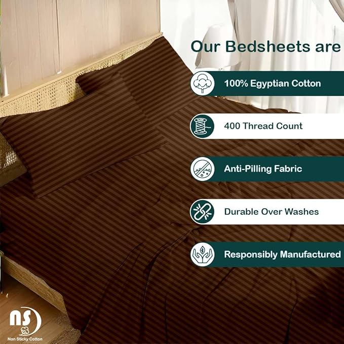 NON Sticky cotton Full Size Sleeper Sofa Sheets, 4 Piece Egyptian Cotton Bed Sheet Set for Sofa Bed, 8" Deep Pocket for Pull Out Couch Mattress, 54" x 75", Chocolate Stripe, Soft & Breathable