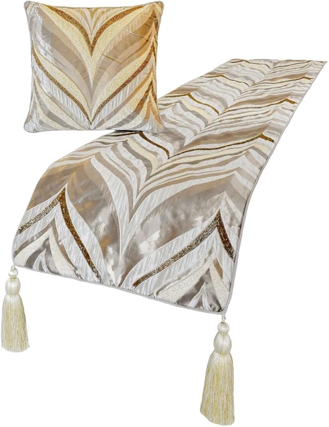 The HomeCentric King/Queen/Twin Ivory Decorative Queen 74"x18" Bed Runner with One Pillow Cover, Bead Hand Embroidery Bed Scarf on Jacquard Fabric - Clarissa Serene