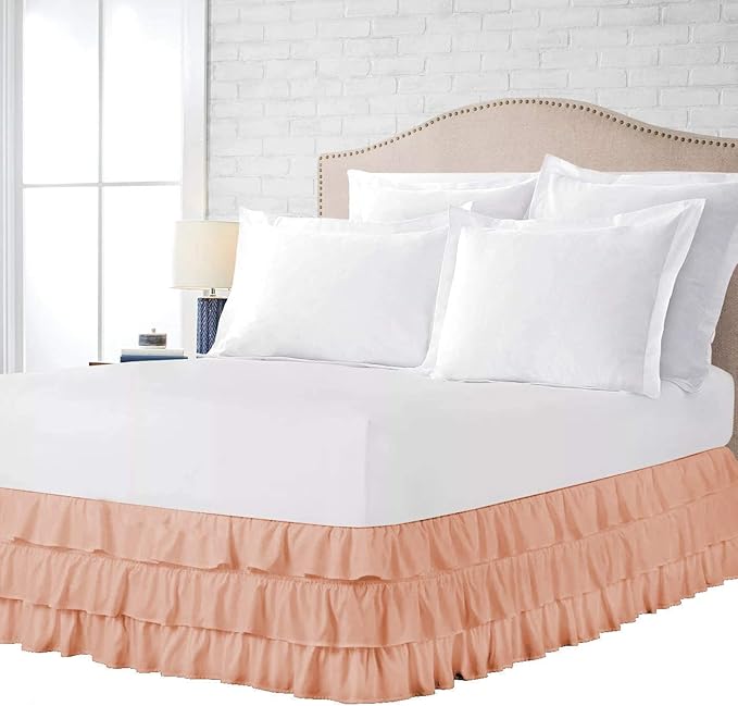 Multi-Ruffle Bed Skirt, Soft Multi Elastic Dust Ruffles with Wrap Around Bed Skirt Easy Fit with 18 Inch Drop 100% Cotton 800 Thread Count (King, Peach)