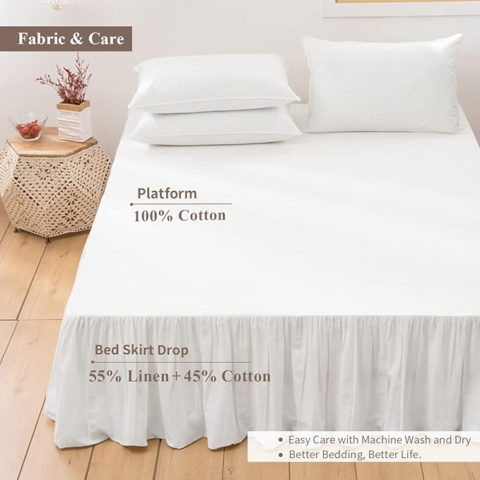 BISELINA French Linen Bed Skirt with Pleated Frills 14-Inch Tailored Drop Natural Flax Cotton Blend Dust Ruffle Soft Cozy Farmhouse Bedding (14" Twin, White)