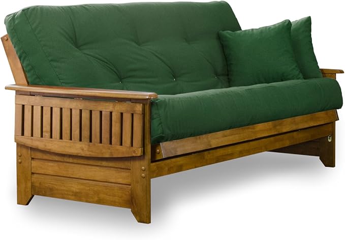 Nirvana Futons Brentwood Tray Arm Futon Sofabed Set - Queen Frame, 8" Hunter Green Mattress, Rich Heritage Finish