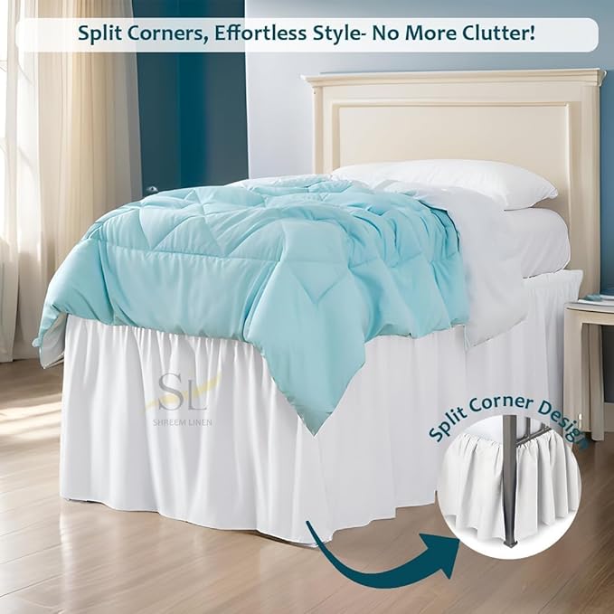 Shreem Linen Dorm Room Bed Skirt Twin XL 42 Inch Drop, 100% Microfiber Extra Long Bedskirt, White