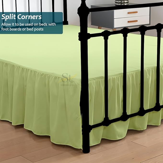 Shreem Linen Ruffled Bed Skirt with Split Corners, Gathered Style, 100% Microfiber, 10-Inch Drop, Dust Ruffle Bedskirt with Platform, King, Sage