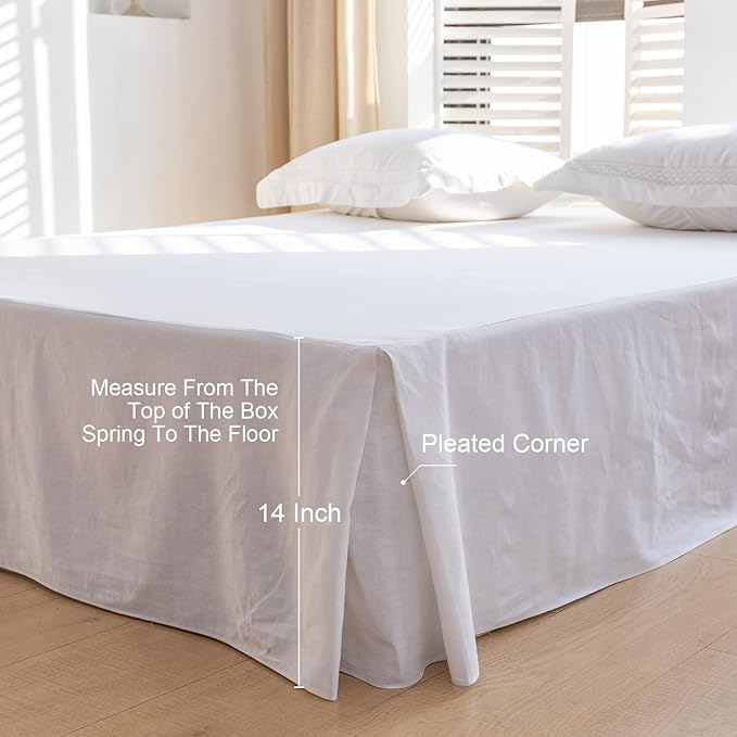BISELINA French Linen Bed Skirt with Pleated Corner 14-Inch Tailored Drop Natural Flax Cotton Blend Basic Dust Ruffle Soft Cozy Farmhouse Bedding (14" Full, Basic White)