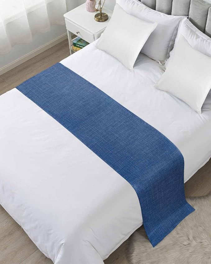 Retro Farm Linen Flax Bed Runners for Bedroom Hotel,Decorative Bedding Scarf Blue Solid Color Ocean Bed End Blanket Bedding Runner Scarves for Twin Size Bed,71x20in