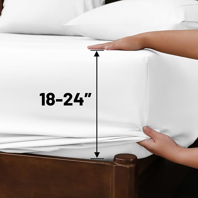 Extra Deep Pocket King Sheets 18-24 Inch 100% Egyptian Cotton 1000 Thread Count Sateen Weave Soft Breathable 4 Pieces（King，White）