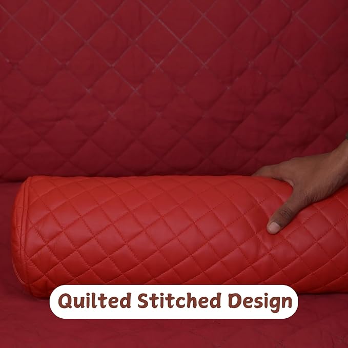 Neck Roll Pillow Cushion Cover, 20x7 Inch Full Moon Round Bolster Pillow Case, Cylinder Soft Lambskin Leather Pillowcase for Head, Spine & Neck Support During Sleep - Quilted Cherry Red Pack of 1