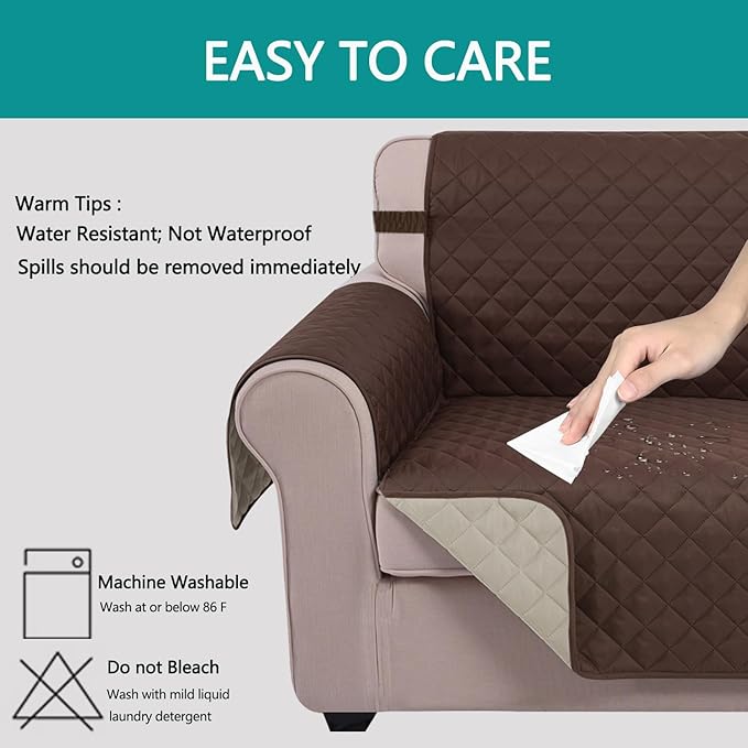 U-NICE HOME Reversible Sofa Cover Couch Cover for Dogs with Elastic Straps Water Repellent Furniture Protector for Pets Couch Cover for 3 Cushion Couch (Sofa, Coffee/Beige)