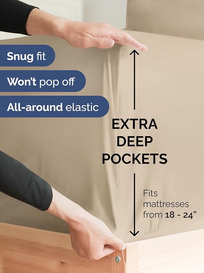 Extra Deep Pocket Split King Sheets - 5 Piece Breathable & Cooling Bed Sheets - Hotel Luxury Bed Sheet Set - Soft, Wrinkle Free & Comfy - Easily Fits Extra Deep Mattresses - Deep Pocket Cream Sheets
