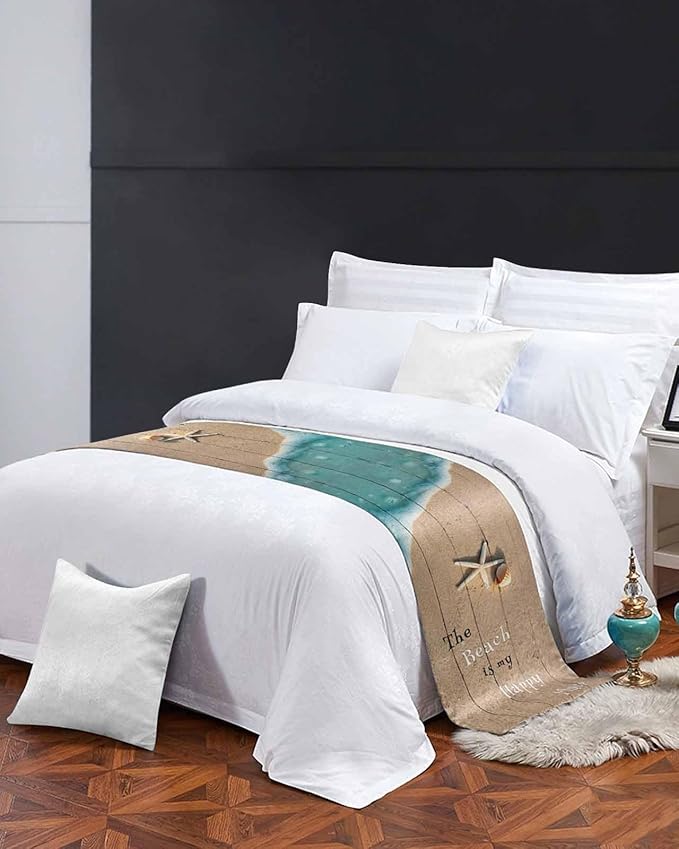 Coastal Ocean Starfish and Shell Sand Bed Runners for Bedroom Hotel,Decorative Bedding Scarf The Beach is My Happy Place Bed End Blanket Bedding Runner Scarves for King Size Bed,102x20in
