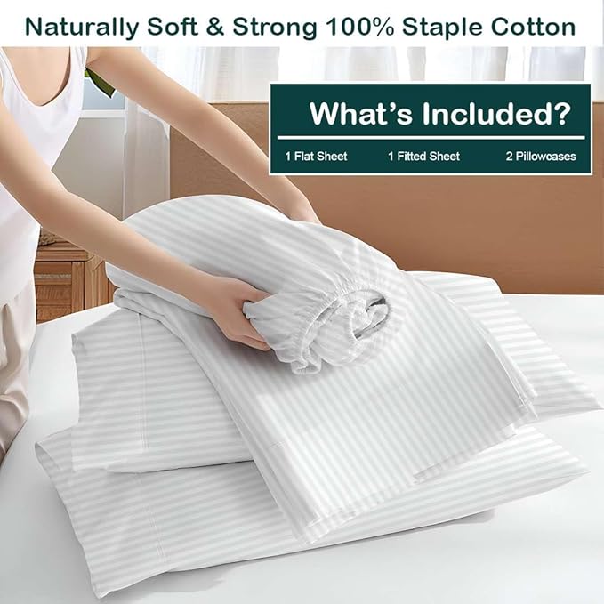 NON Sticky cotton Twin Size Sleeper Sofa Sheets, 4 Piece Egyptian Cotton Bed Sheet Set for Sofa Bed, 10" Deep Pocket for Pull Out Couch Mattress, 39" x 75", White Stripe, Soft & Breathable