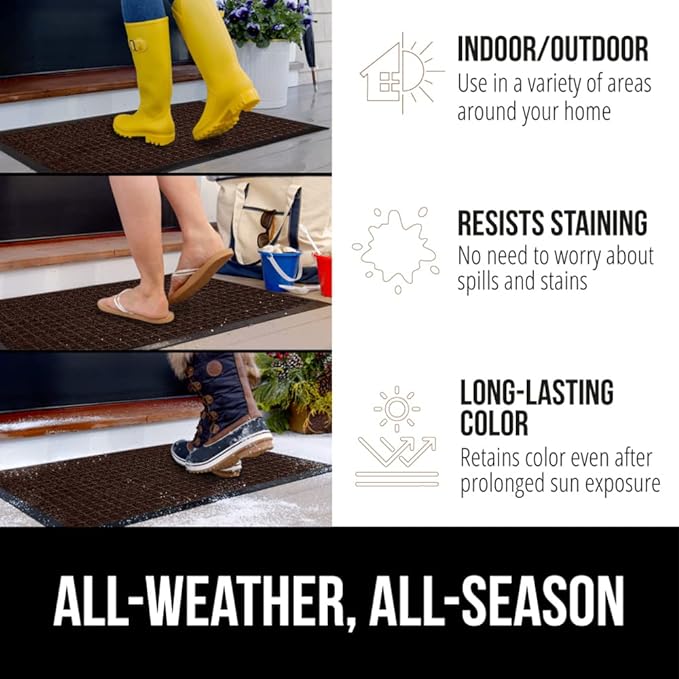 GORILLA GRIP 100% Waterproof All-Season WeatherMax Doormat 35x23, US Designed Natural Rubber, Stain and Fade Resistant, Low Profile Indoor Outdoor Door Mats, Easy Clean Patio Mat, Coffee Squares