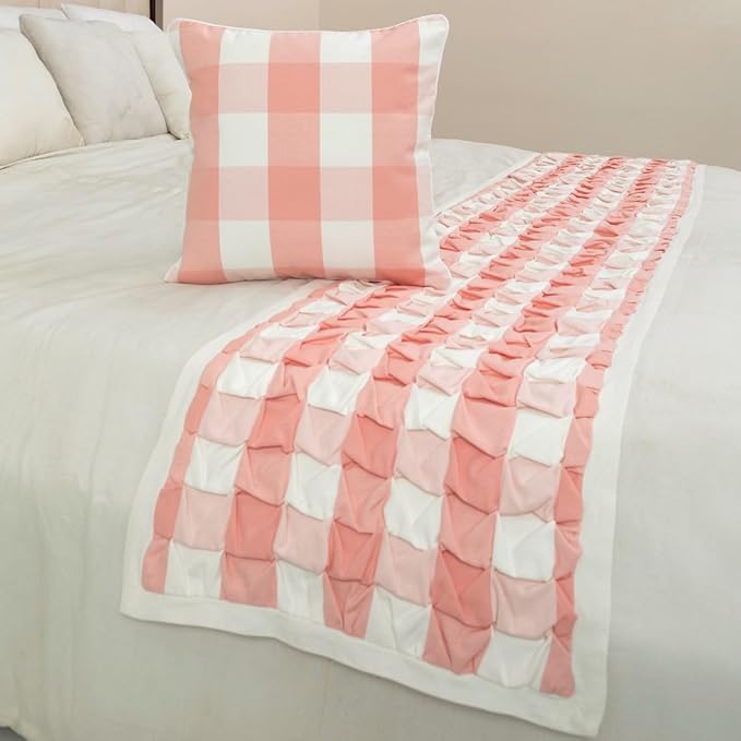 The HomeCentric King/Queen/Twin Peach Pink Decorative King 90"x18" Bed Runner with Pillow Cover, Textured & Buffalo Checks Bed Scarf on Cotton Fabric - Buffalo Plaid Peach