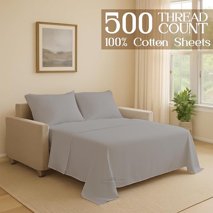 Sleeper Sofa 4 Piece Bed Sheet Set Premium Quality 100% Cotton 500 Thread Count, Smooth & Super Soft Sateen Weave, Extra Soft Bed Sheets, Wrinkle Free, 6 Inch Deep Pocket (Queen, Silver)
