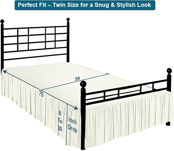 Shreem Linen Ruffled Bed Skirt with Split Corners, Gathered Style, 100% Microfiber, 24-Inch Drop, Dust Ruffle Bedskirt with Platform, Twin, Ivory
