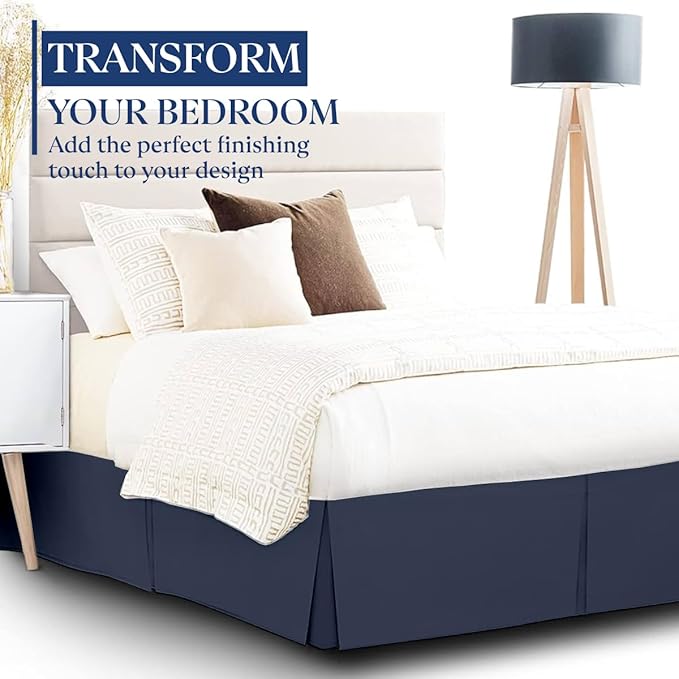 Luxury Pleated Queen Bed Skirt with Split Corners - 16 Inch Tailored Drop Easy Fit - Pleated Dust Ruffle - 100% Microfiber Soft, Wrinkle-Free Box Pleated Bed Skirts (Navy Blue, Queen- 16" Drop)