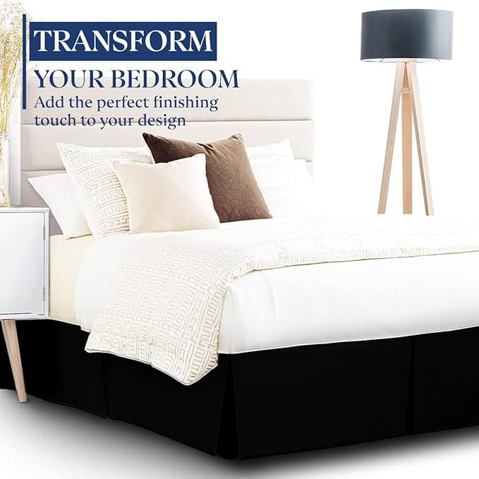 SKY BEDDINGS Luxury Pleated Queen Bed Skirt with Split Corners - 14 Inch Tailored Drop - Pleated Dust Ruffle - Wrinkle-Free 100% Microfiber - Easy Fit, Soft & Durable - Black