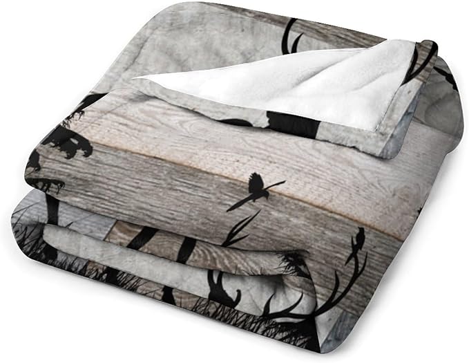 Rustic Deer Throw Blanket, Retro Cabin Farmhouse Country Lodge Blue Brown Wooden Board Wild Forest Animals Deer Bird Print Warm Cozy Blanket for Bed Couch Sofa Travel, 50"x60"