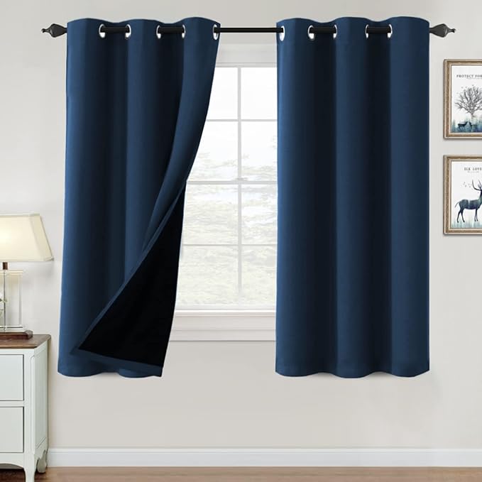 H.VERSAILTEX 100% Blackout Curtains for Bedroom Thermal Insulated Blackout Curtains 63 inch Length Heat and Full Light Blocking Curtains for Living Room with Black Liner 2 Panels Set, Navy