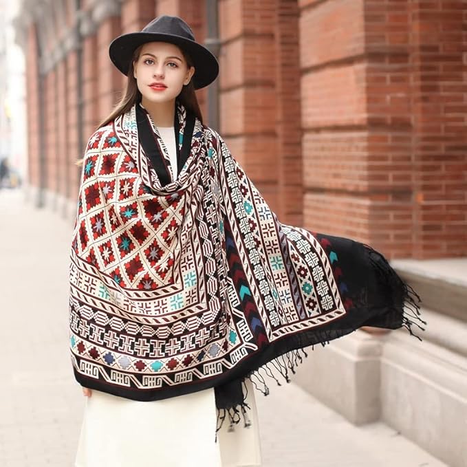 DANA XU 100% Merino Wool Extra Large Pashmina Blanket Travel Scarf Cashmere Wrap for Women Fall Winter Oversize Shawl Floral
