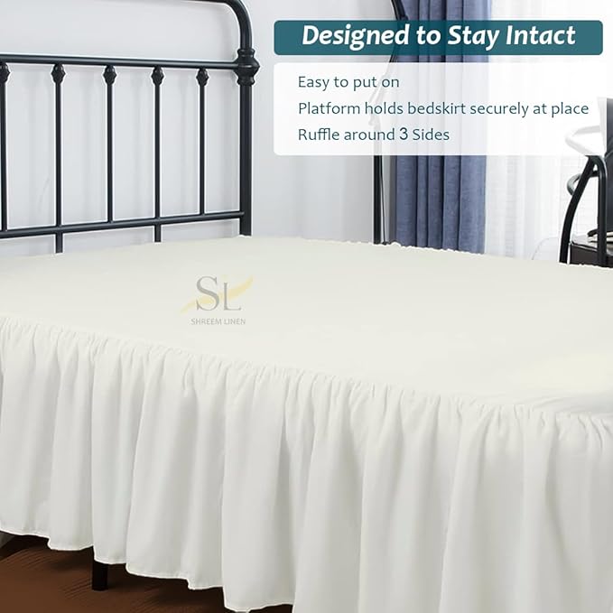 Shreem Linen Ruffled Bed Skirt with Split Corners, Gathered Style, 100% Microfiber, 10-Inch Drop, Dust Ruffle Bedskirt with Platform, Olympic Queen, Ivory
