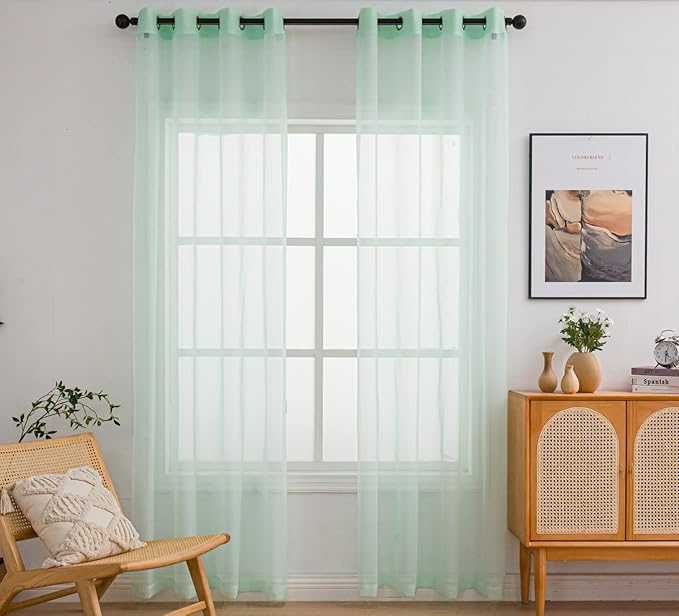 PI Mint Sheer Curtains with Eyelets,Light Voile Textured,Cool Window Backdrop for Farmhouse/Villa 2 Panels (W52 X L95, Mint Green)