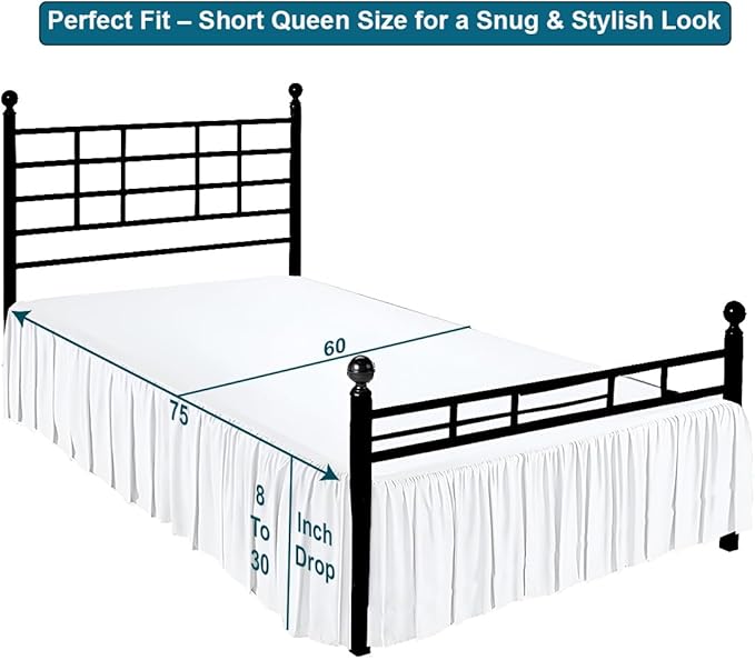 Shreem Linen Ruffled Bed Skirt with Split Corners, Gathered Style, 100% Microfiber, 12-Inch Drop, Dust Ruffle Bedskirt with Platform, Short Queen, White