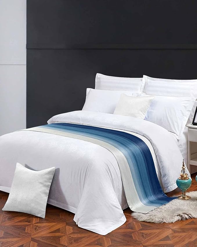 Abstract Navy Blue Ombre Stripe Art Bed Runners for Bedroom Hotel,Decorative Bedding Scarf Modern Color Line Texture Bed End Blanket Bedding Runner Scarves for Full Size Bed,83x20in