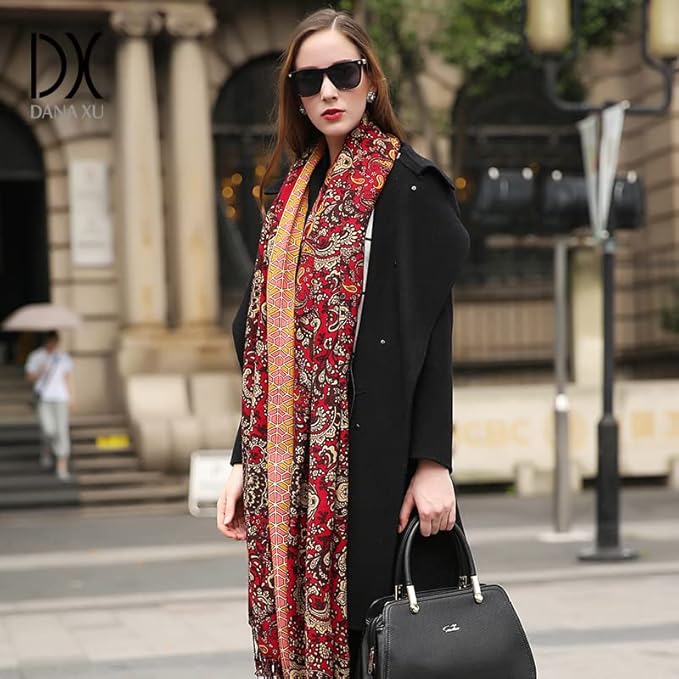 DANA XU 100% Merino Wool Pashmina Shawl for Women 96"x43", Oversized Cashmere Wrap with Tassels, Floral Travel Blanket Cape