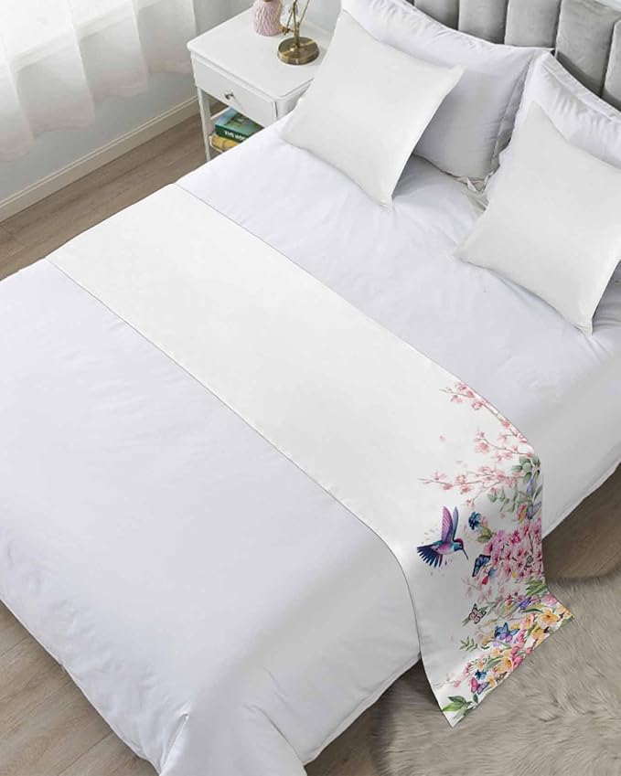 Blossom Floral Hummingbird Bed Runners for Bedroom Hotel,Decorative Bedding Scarf Butterfly Blossom Flower Plant Bed End Blanket Bedding Runner Scarves for Queen Size Bed,94x20in