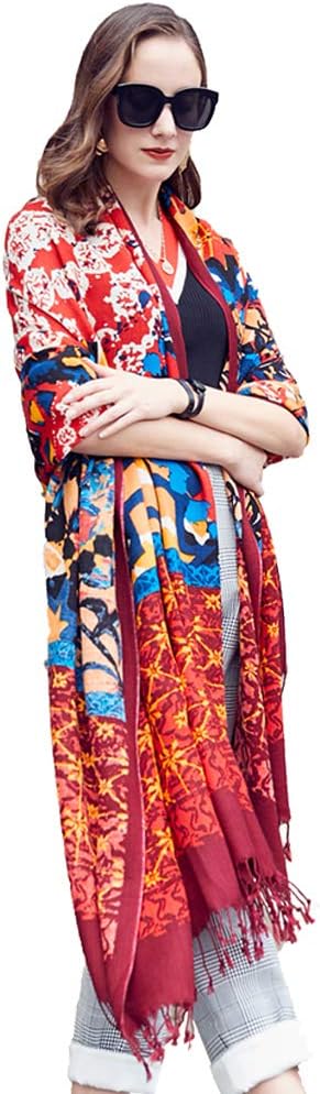 DANA XU 100% Merino Wool Pashmina Shawl for Women 96"x43", Oversized Cashmere Wrap with Tassels, Floral Travel Blanket Cape