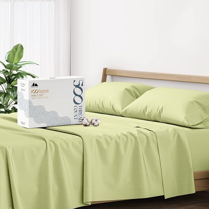 Mayfair Linen 500 Thread Count California King Cotton Sheets - 4 PC Cal King Size Bed Sheet Set Cotton (Sage Green), Soft, Cooling, Sateen 16" Deep Pocket Bedsheet for Hot Sleepers (Fits 18" Mattress)