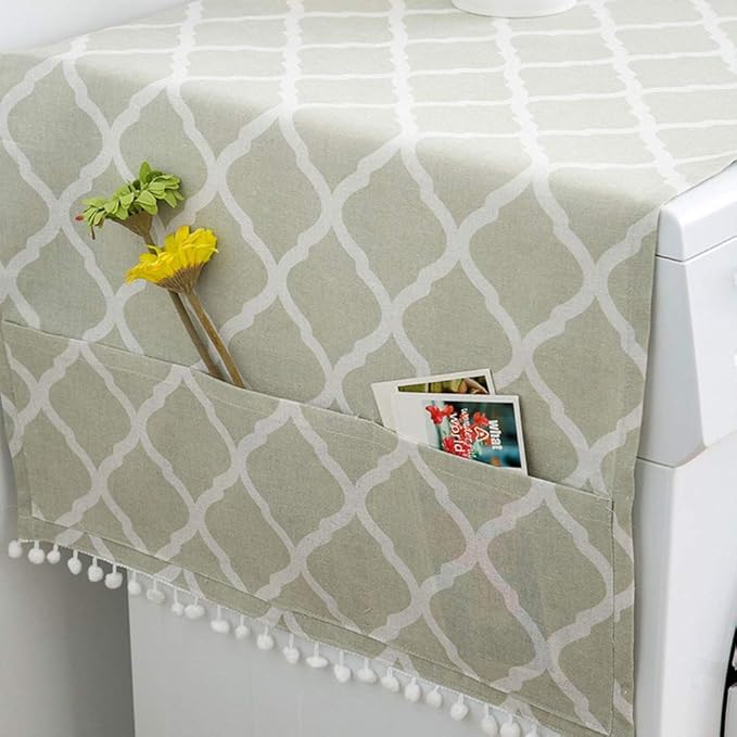 AKOAK 1 Pack 55 x 130cm /22 "x 51" Geometric Washing Machine Refrigerator Dust Cover, Multi-Purpose Household Cotton Linen Dust Microwave Cover, with Storage Pouch (Green diamond)