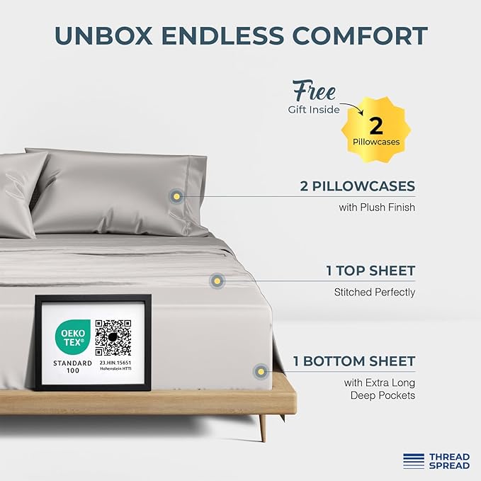 THREAD SPREAD 100% Egyptian Cotton Sheets Queen Size Bed Set - 4 PC 1500 Luxury High Thread Count Light Grey Egyptian Cotton Queen Bed Sheets, Soft, Cooling, Sateen Weave, 17" Deep Pocket Bedsheet