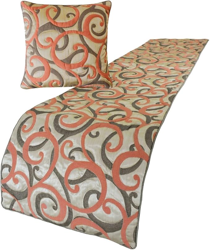 The HomeCentric King/Queen/Twin Orange Luxury Full 68"x18" Bed Runner with One Pillow Cover, Scroll, Jacquard & Quilted Bed Scarf on Jacquard Fabric - Scroll Cascade
