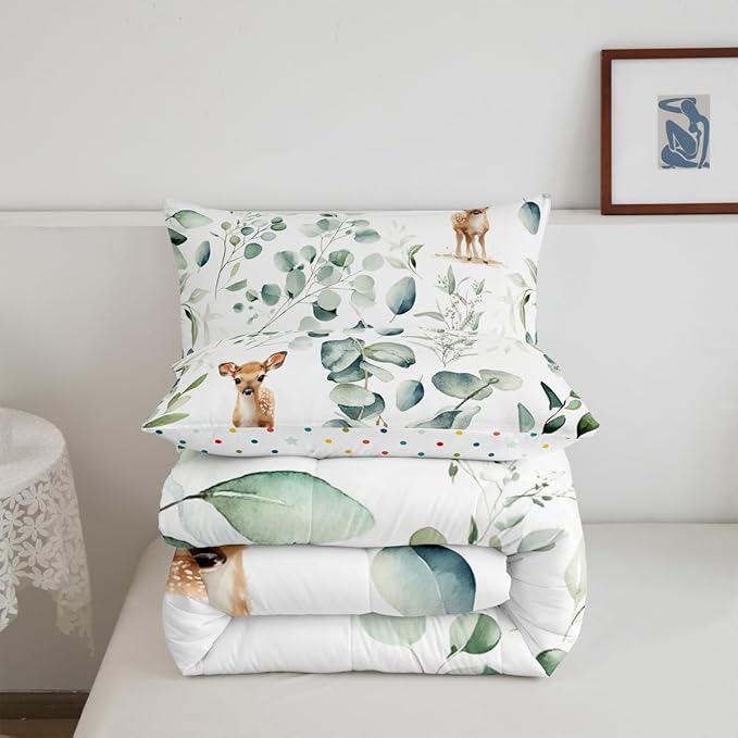 Erosebridal Cartoon Deer Toddler Size Comforter Set Toddler Woodland Wildlife Bedding Set, Spring Plant Down Comforter Eucalyptus Leaf Bed Set, Jungle Animal Theme Quilted Duvet Kids Room Decor