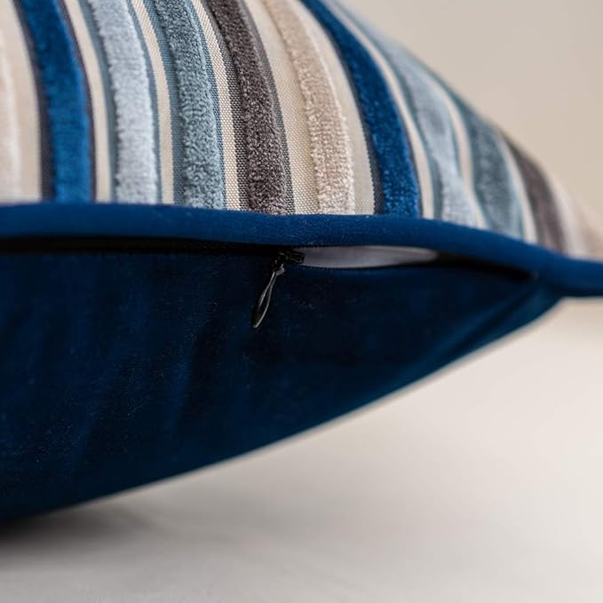 Yangest Blue Striped Throw Pillow Cover Multicolor Velvet Cushion Cover Modern Bohemian Pillowcase for Sofa Couch Bedroom Living Room Home Christmas Decoration,16x16 Inch