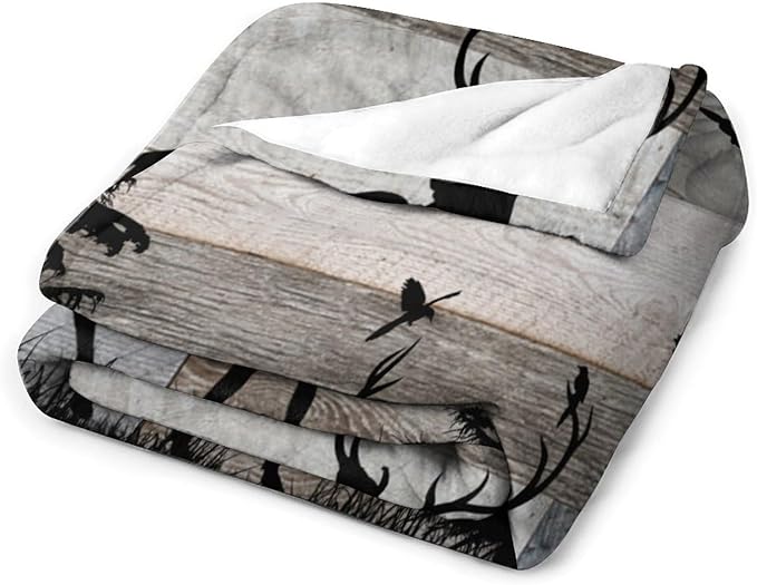 Rustic Deer Throw Blanket, Retro Cabin Farmhouse Country Lodge Blue Brown Wooden Board Wild Forest Animals Deer Bird Print Warm Cozy Blanket for Bed Couch Sofa Travel, 40"x50"