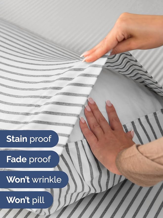 Extra Deep Pocket Full Sheets - 4 Piece Breathable & Cooling Bed Sheets - Hotel Luxury Bed Sheet Set - Soft, Wrinkle Free & Comfy - Easily Fits Extra Deep Mattresses - Deep Pocket Grey Striped Sheets