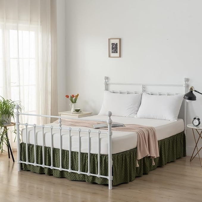 Tufted Dot Bed Skirt Queen Size Ruffled Bed Skirt with Split Corners, 18 Inch Drop Dust Ruffle Bed Skirts with Platform, Olive Green