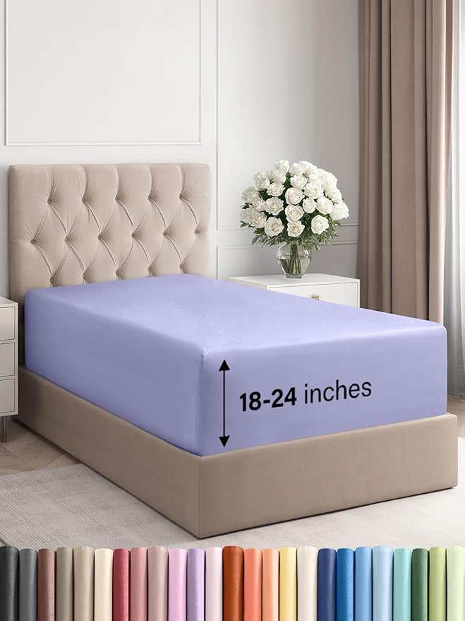 Extra Deep Twin Fitted Sheet - Hotel Luxury Single Fitted Sheet Only - Easily Fits 18 inch to 24 inch Mattress - Ultra Soft, Wrinkle & Fade Free w/Extra Deep Pockets - Breathable & Comfy - Lavender